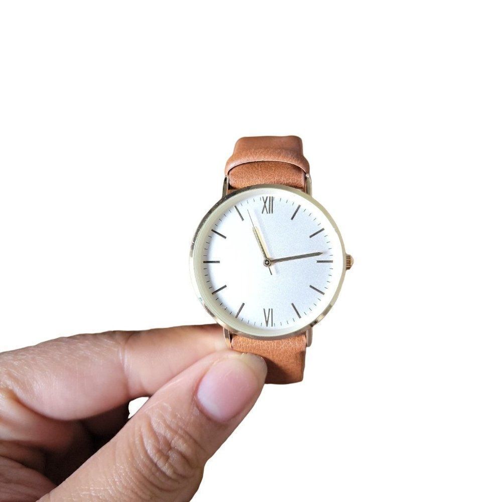A New Day Womens Brown Imitation Leather Strap It Begins Now Classic Wrist Watch